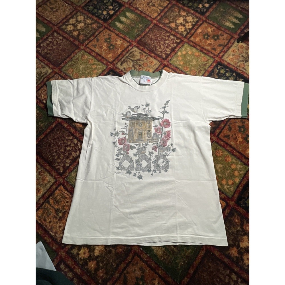 Vintage Morning Sun Birds Floral Farm T-Shirt L 90s USA Jerzees